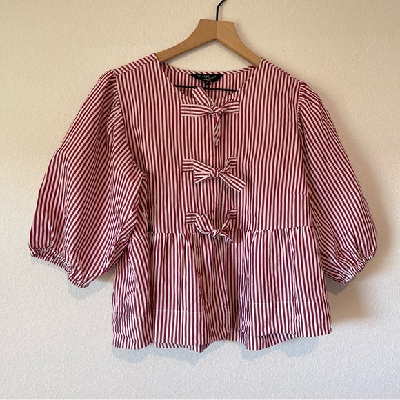 Velvet Heart Striped Top sz Medium Red White Bow Front Cropped Puff Sleeve - Picture 1 of 9